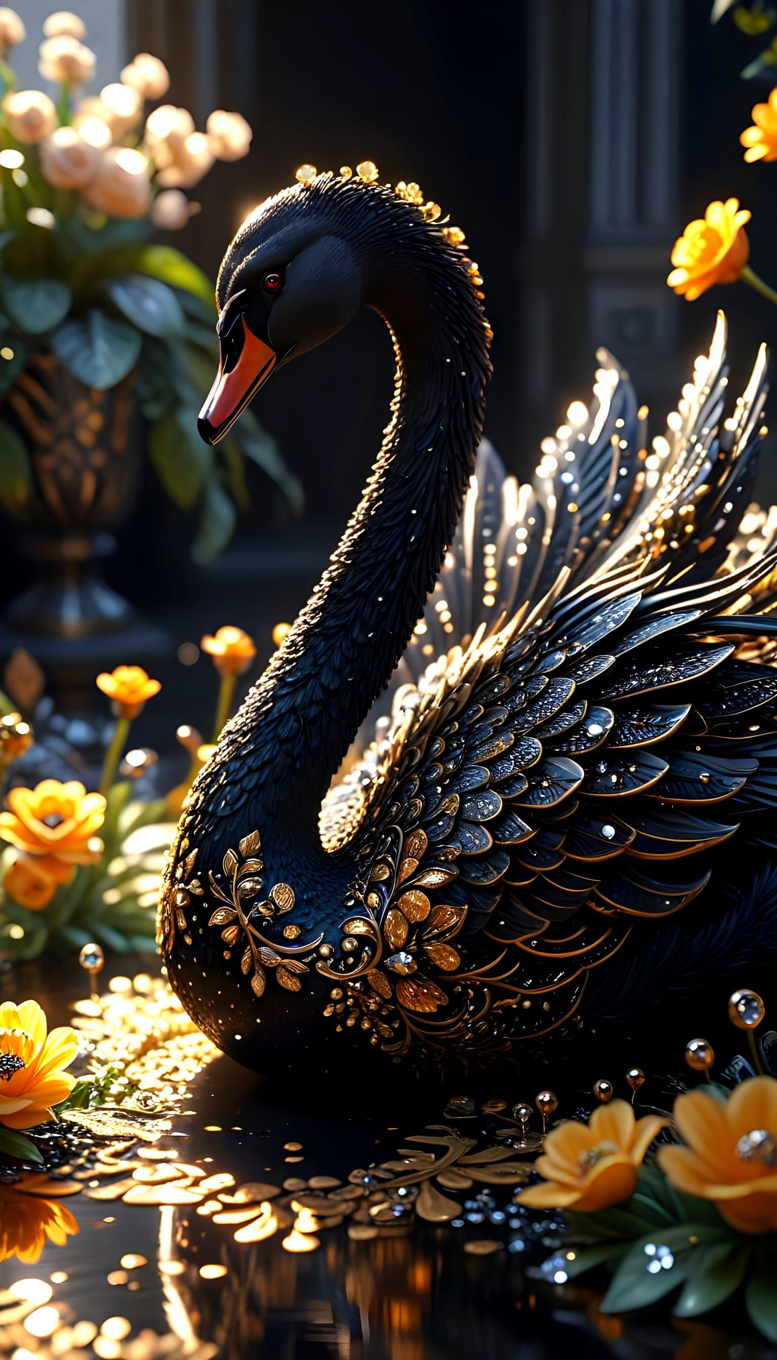 Elegant Black Swan in Vibrant Floral Surrounds