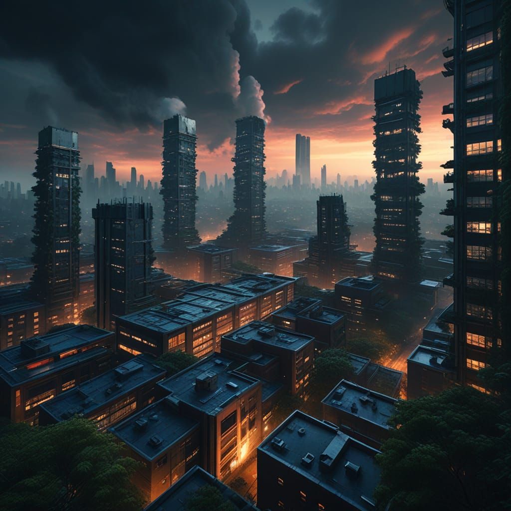 Surreal Cityscape with Tiger Climbing Skyscraper