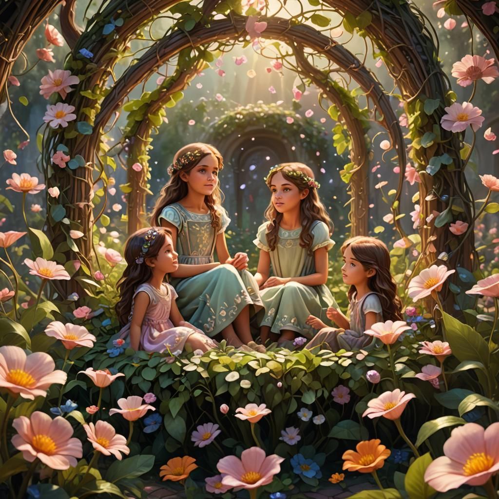 Children in Floral Fantasy Art Nouveau Scene