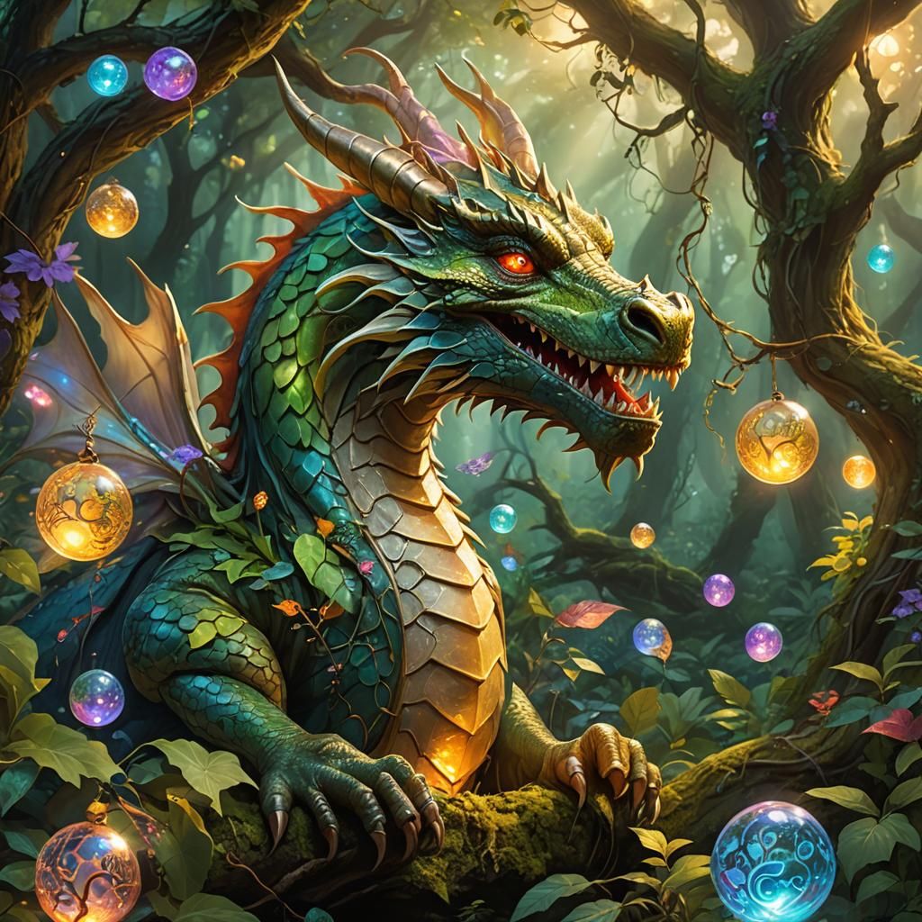 Dragon Plays with Glowing Orbs in Mystical Forest
