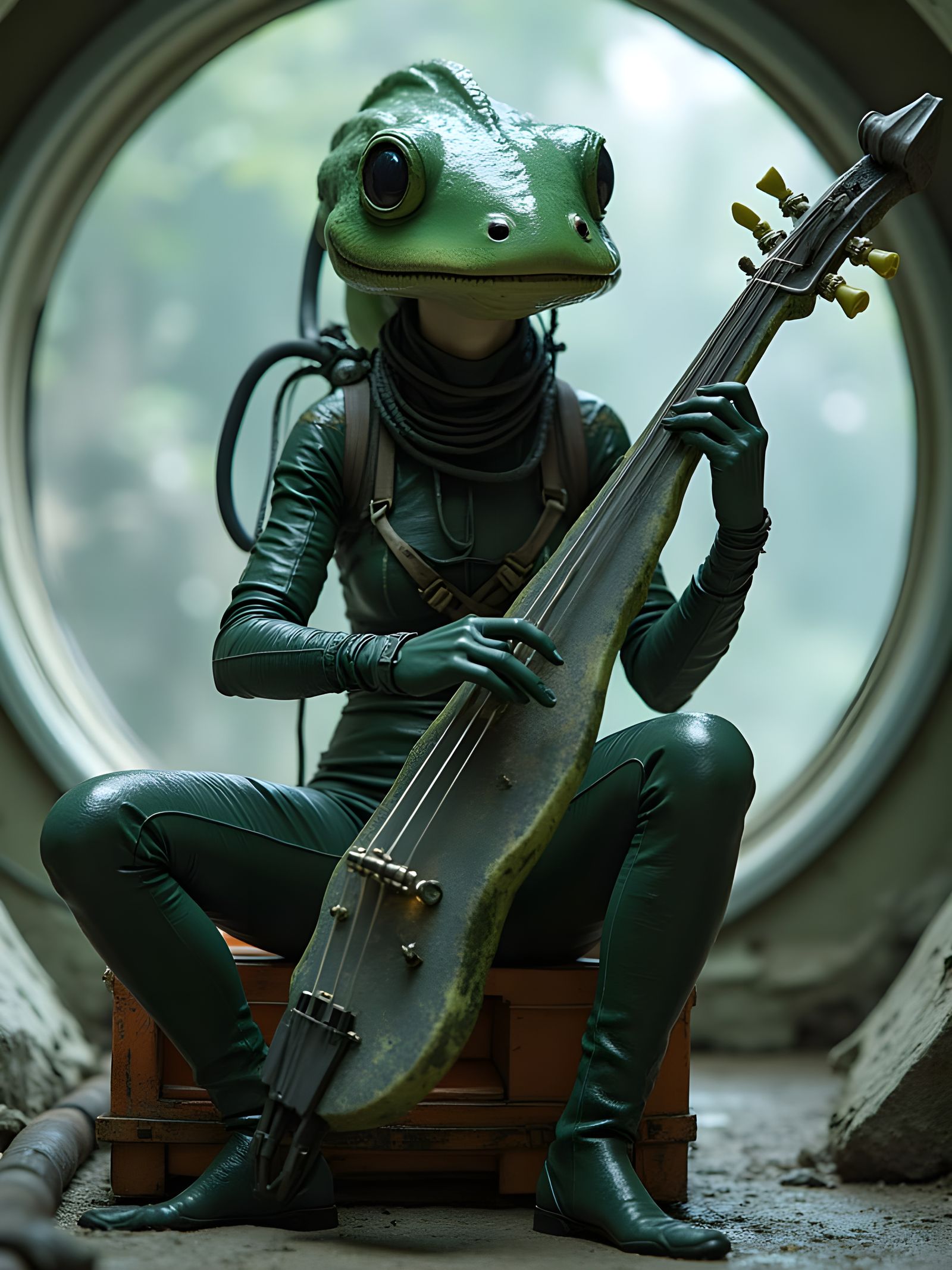An amphibian alien woman wearing a complex spacesuit with harness and hose attacments, playing a long glass stringed ins...