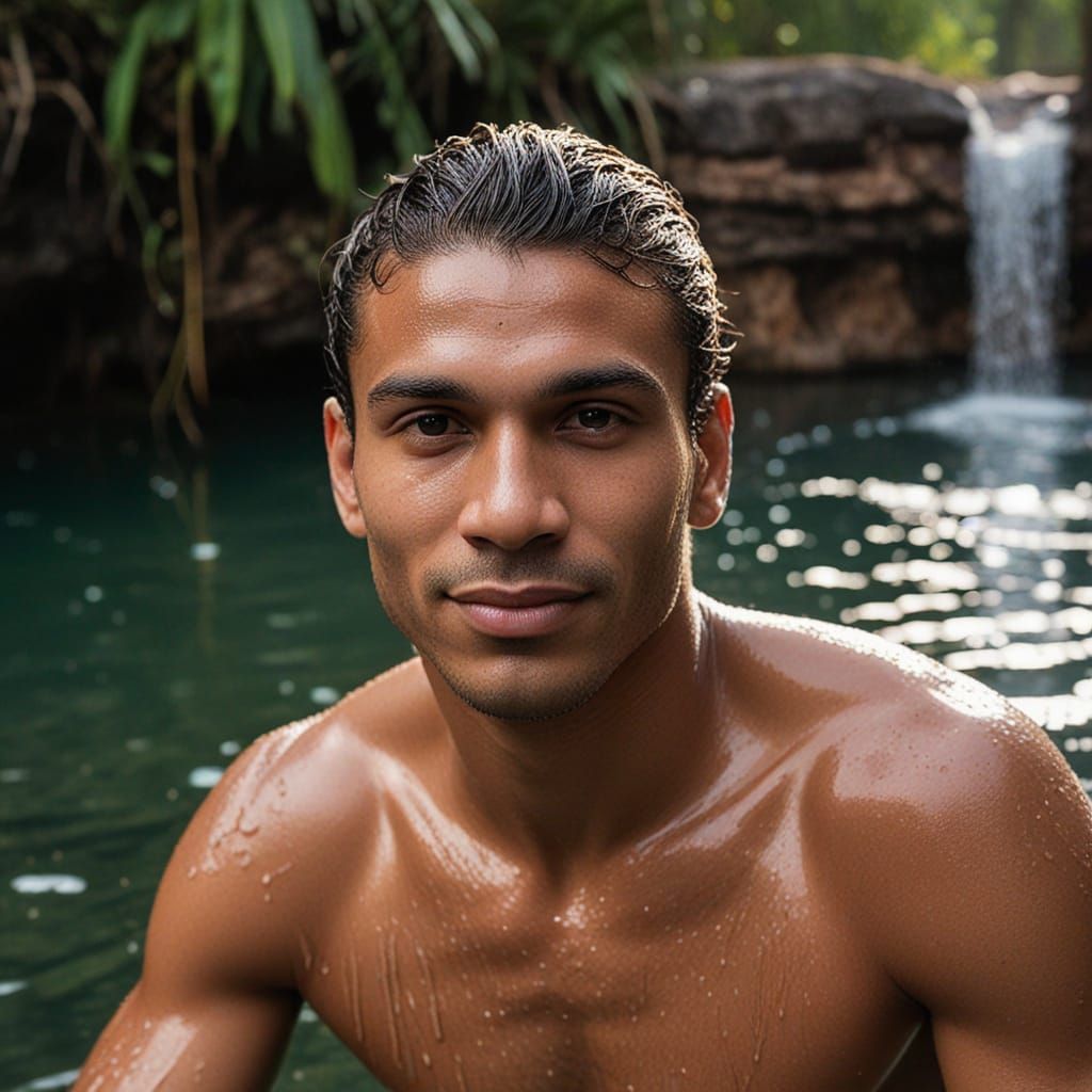 Handsome Swimwear Model Emerges from Crystal Clear Cenote Wa...
