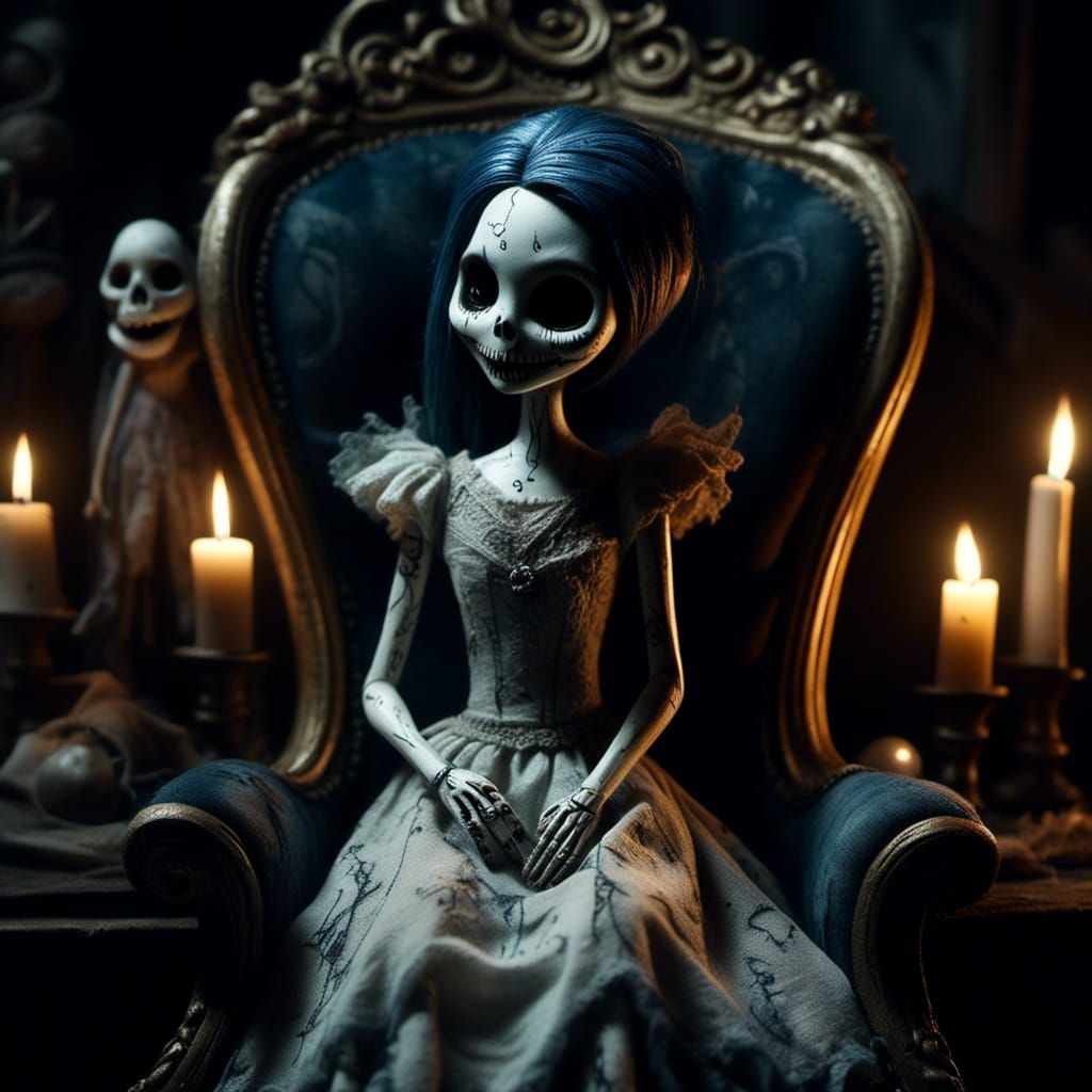 Creepy Doll on Velvet Throne in Watercolor Folk Art