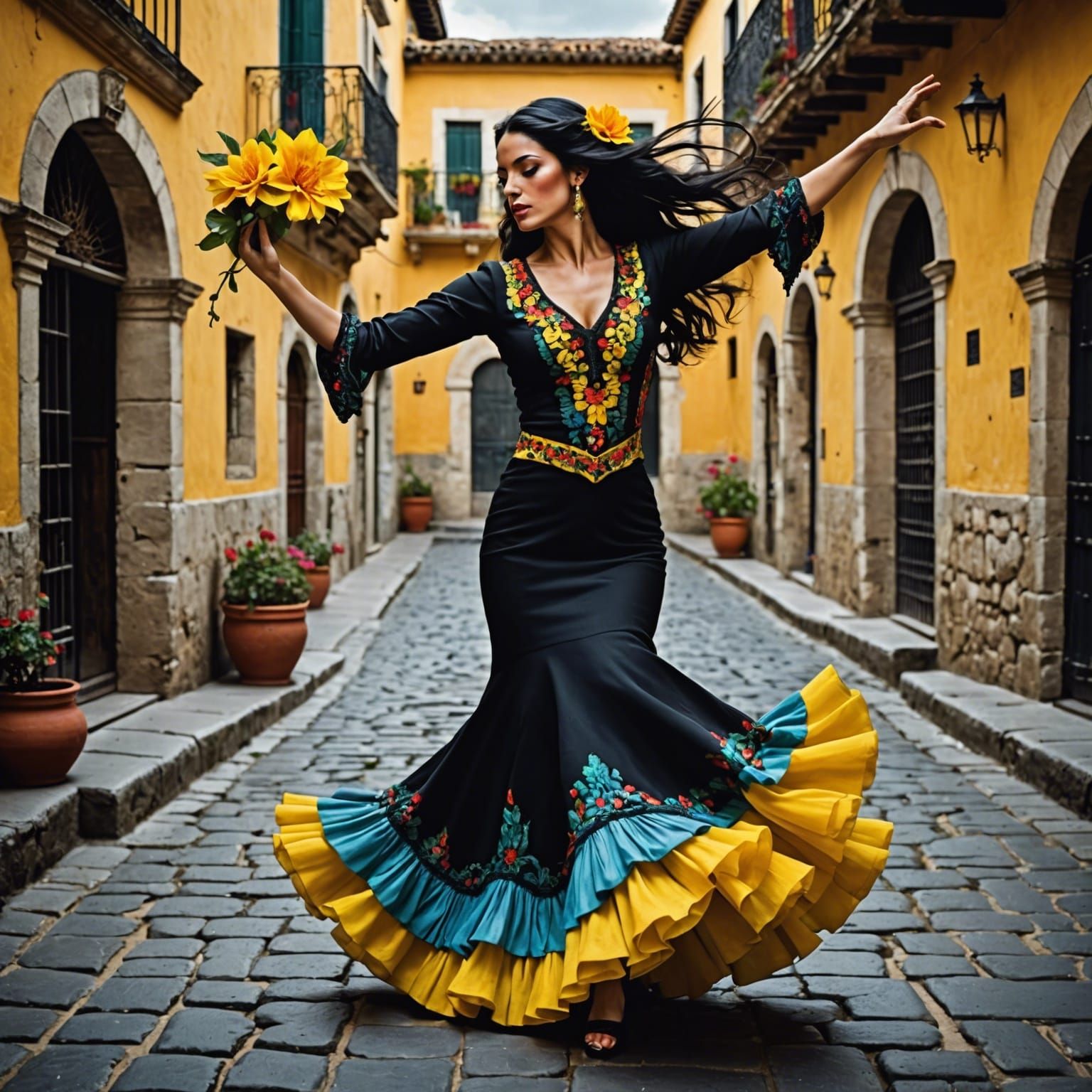 Exquisite Flamenco Dancer in Stone Courtyard