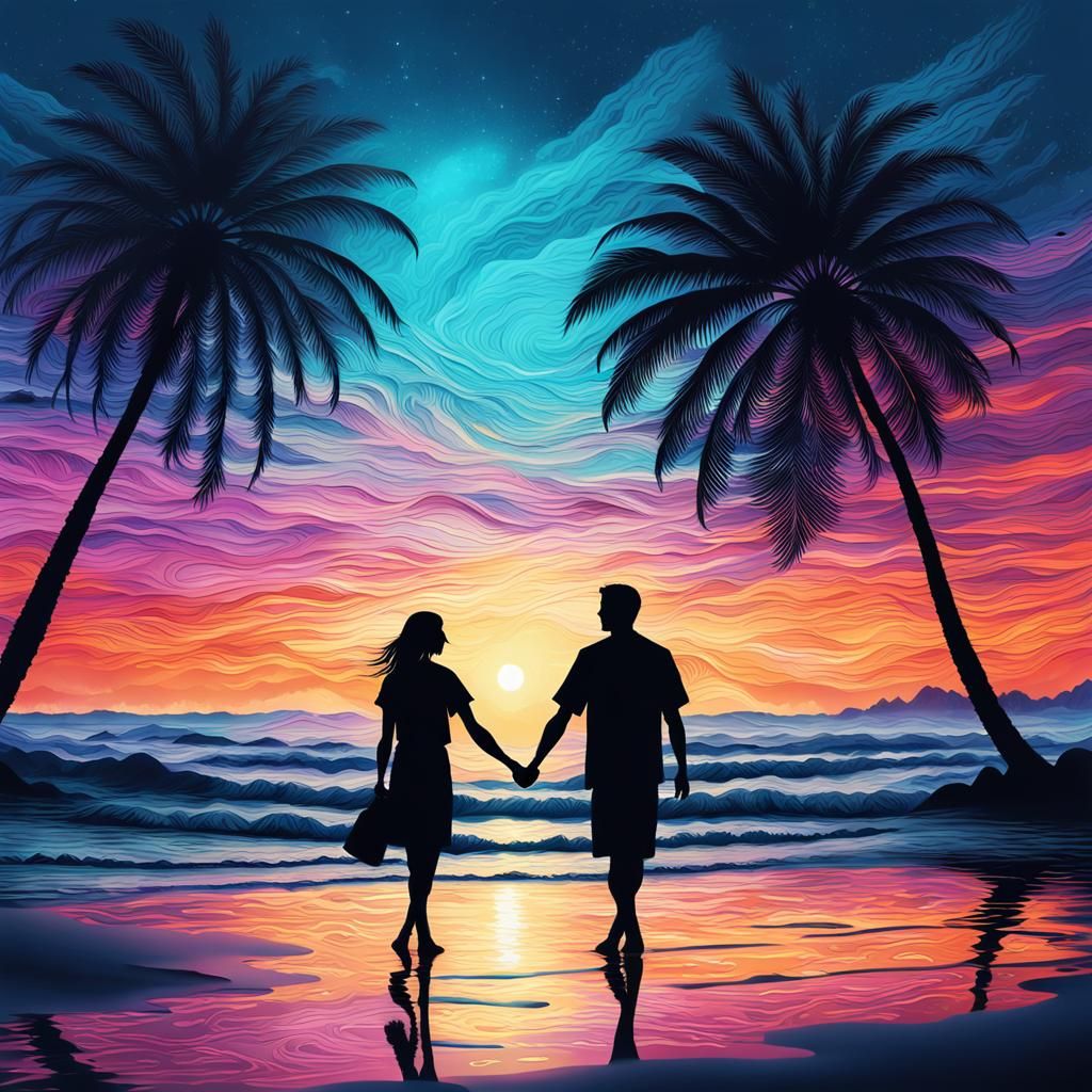 Magical Seashore Sunset Silhouette in Hyper-Detailed Style