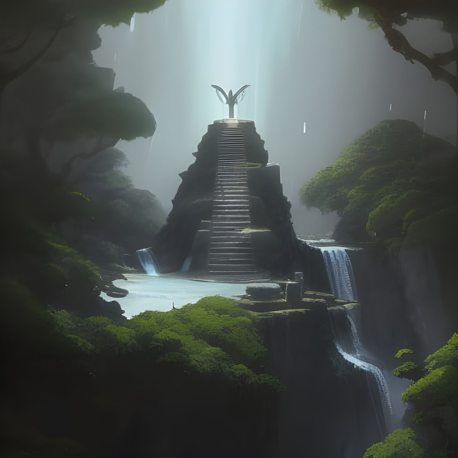 Anime Altar at Waterfall in Ghibli Style
