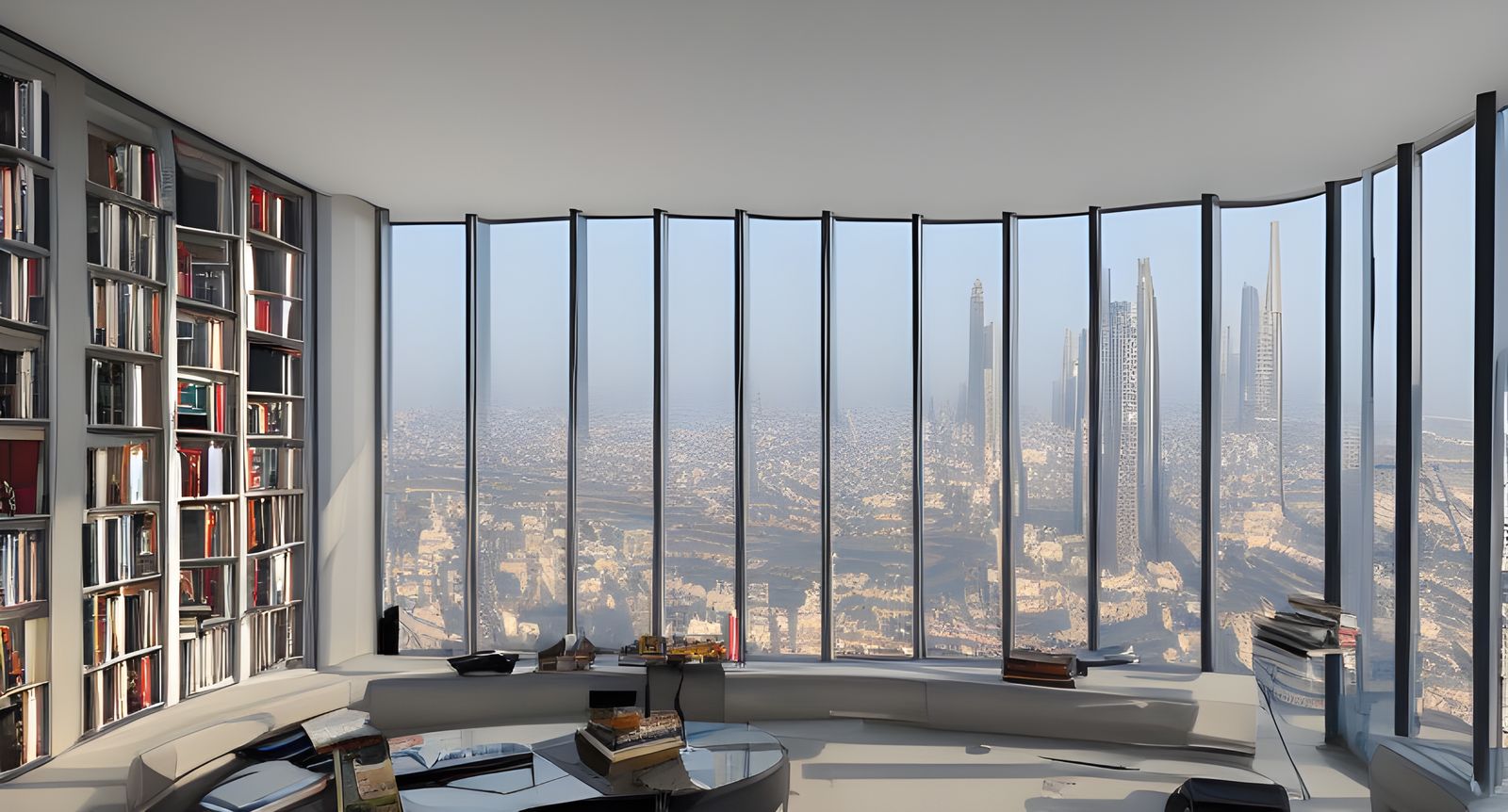 Penthouse apartment, futuristic city"180 degree wide open wi...
