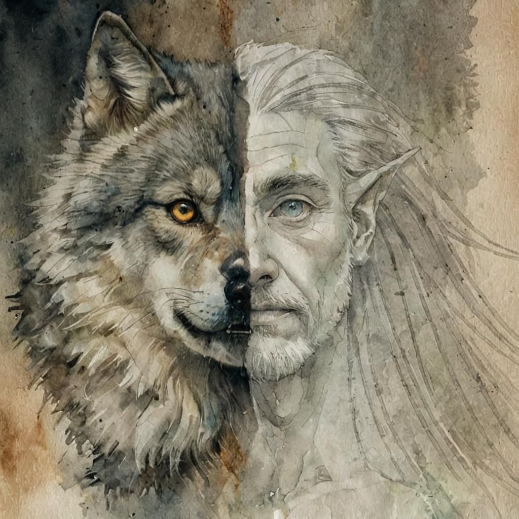 Wolf and Elf Double Exposure Watercolor Portrait