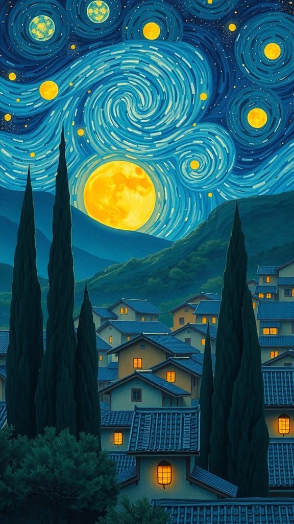 Asian Village Under Celestial Skies in Dreamlike Brushstroke...