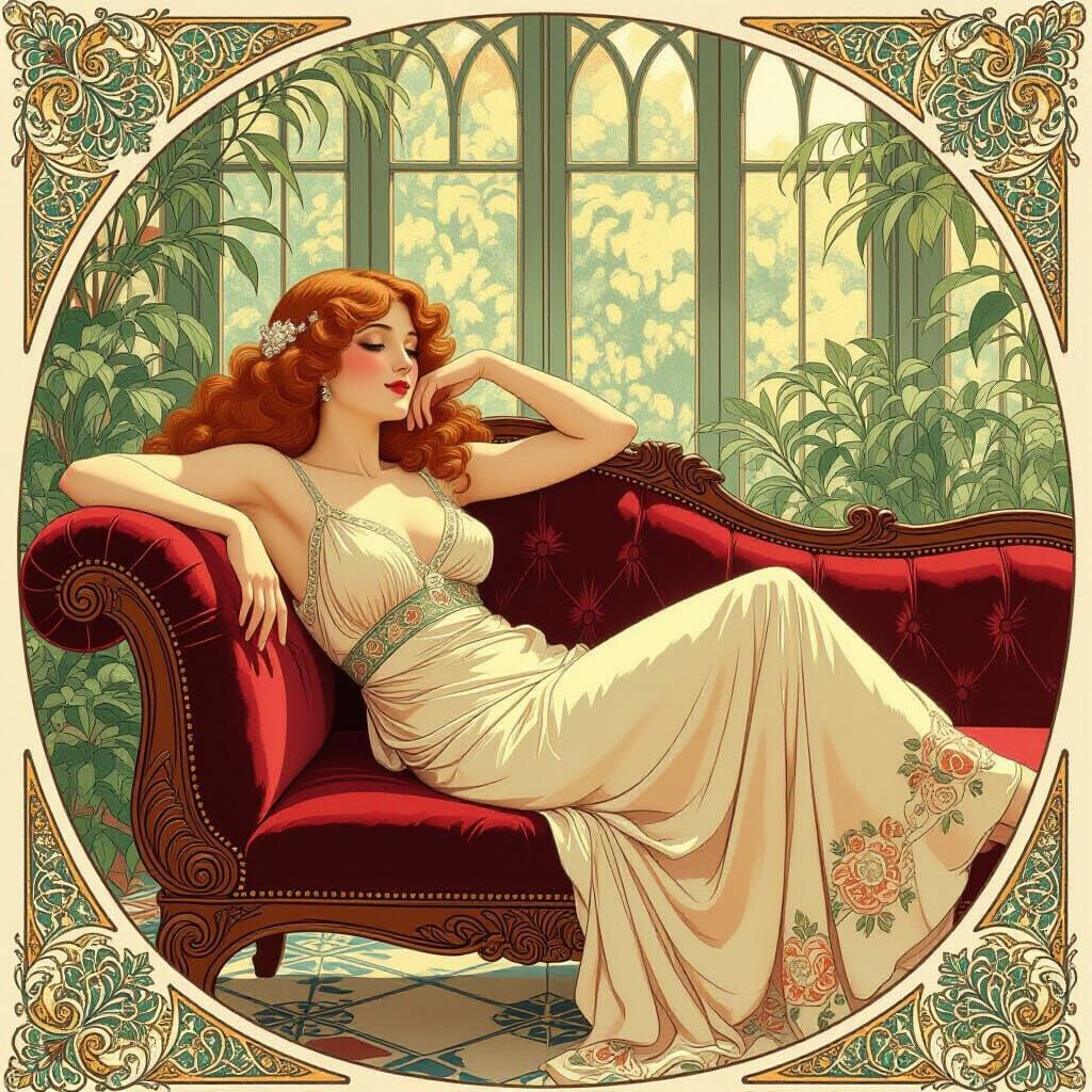 Art Nouveau Woman in Sunlit Conservatory