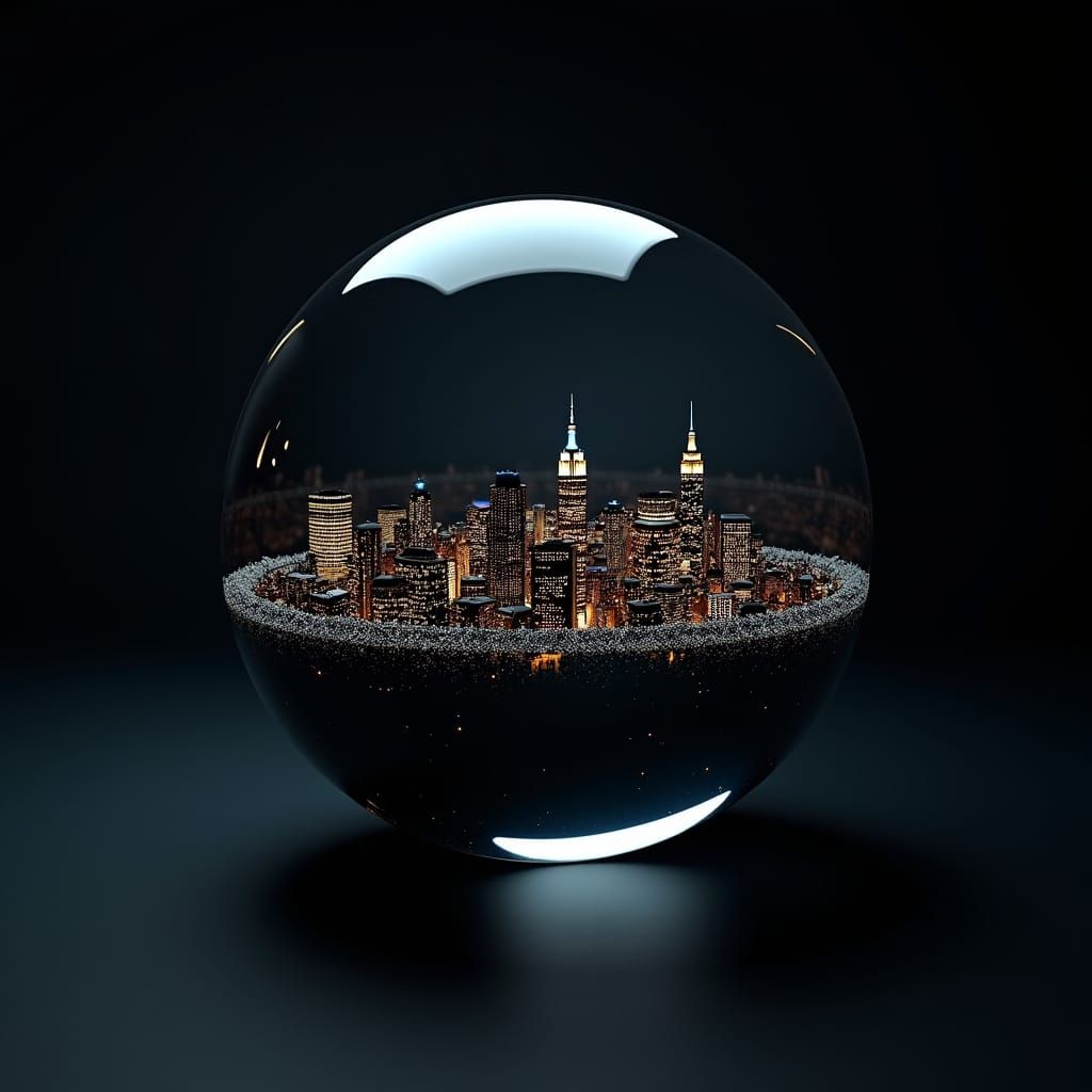 dark background,hyperrealistic, half made of glass basketball with a miniature New York Cityat night, inside the Basket...