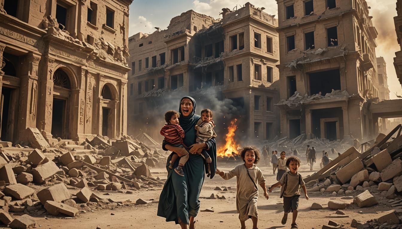 Ancient Egyptians Fleeing Burning City Ruins