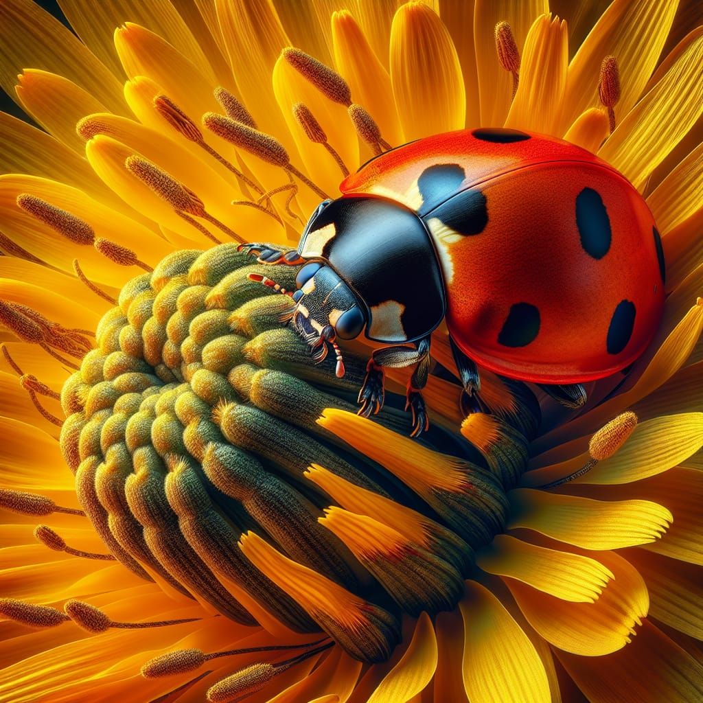 Ladybug Crawling on a Dandelion: Extreme Close-up