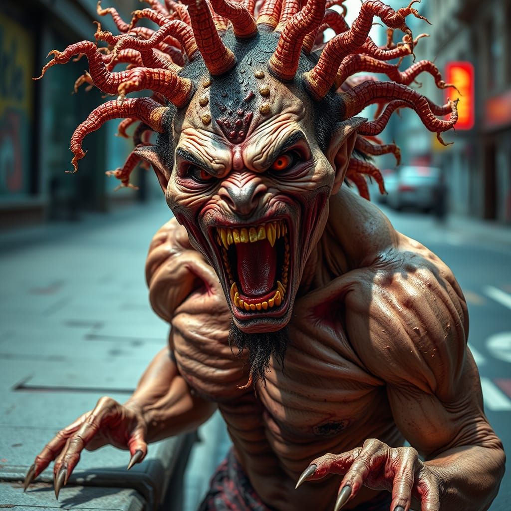 Grotesque Hybrid Creature Emerges from Dystopian City