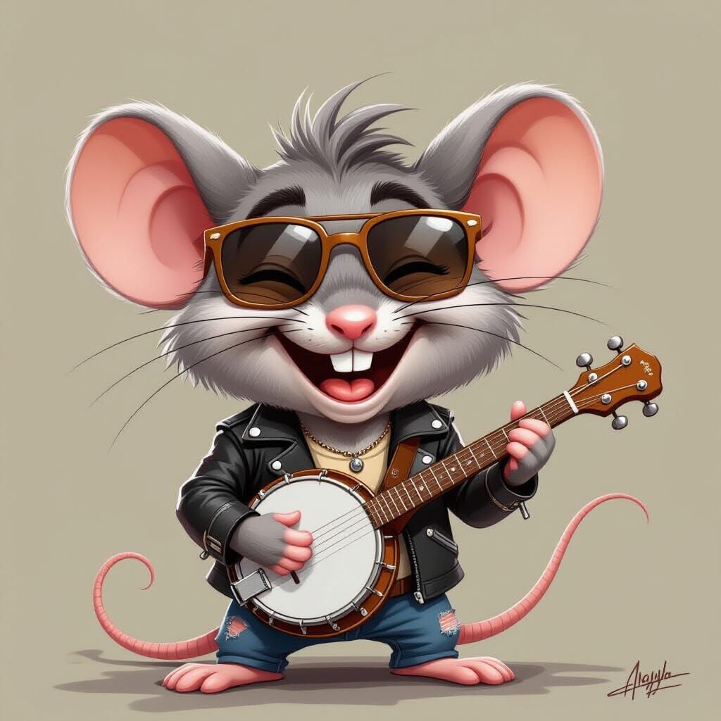 Cartoon Mouse Plays Banjo in Leather Jacket