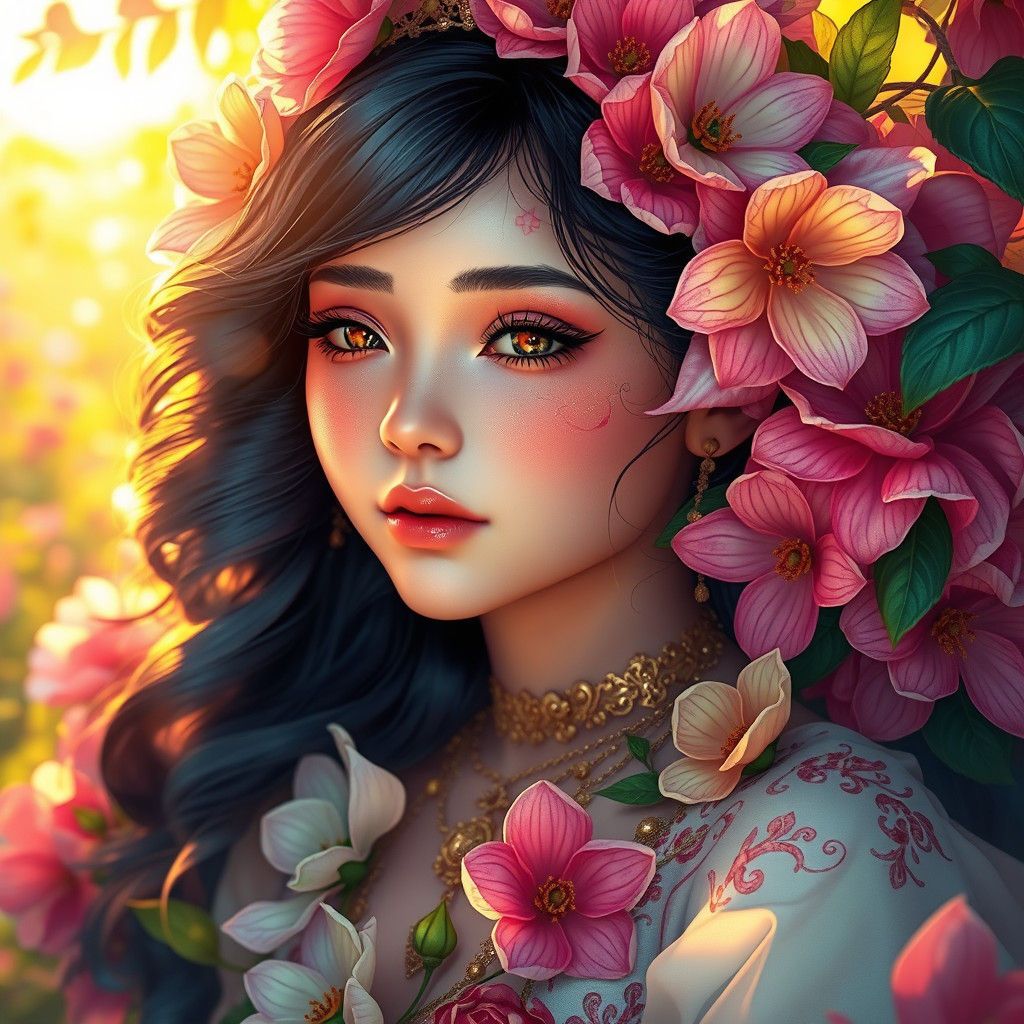 Radiant Flower Girl Portrait in Art Nouveau Style