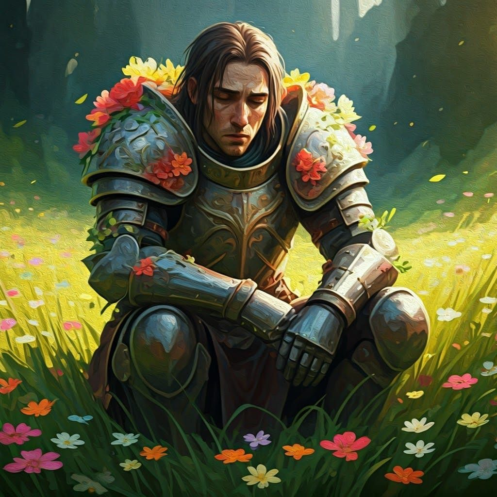 Weary Flower Paladin in Lush Meadow, Gouache Style