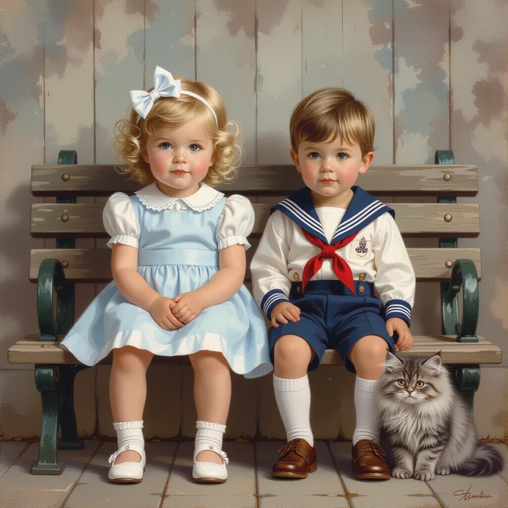 Toddlers and Kitten as Hyperrealistic Watercolor