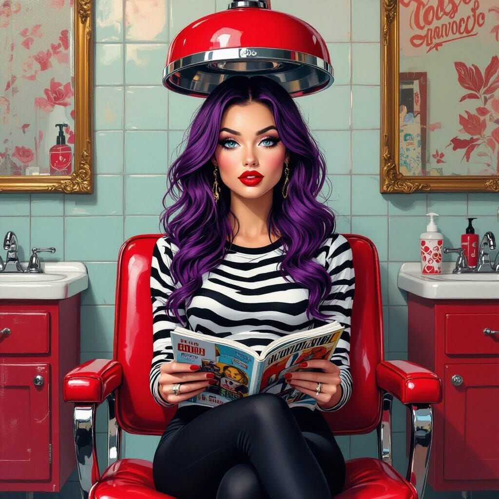 Whimsical Woman in Vintage Salon, Oil and Acrylic Style