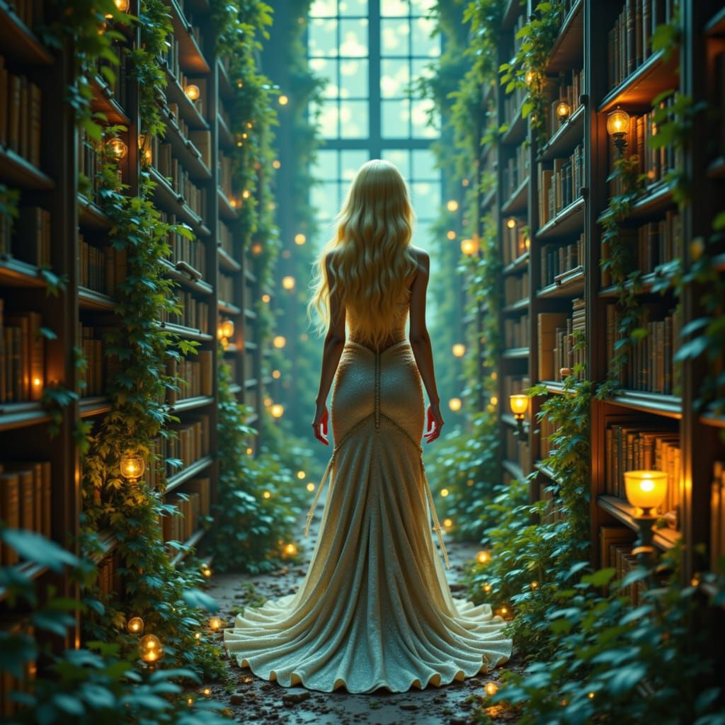 Princess Explores Alien Library Amidst Bioluminescent Flora