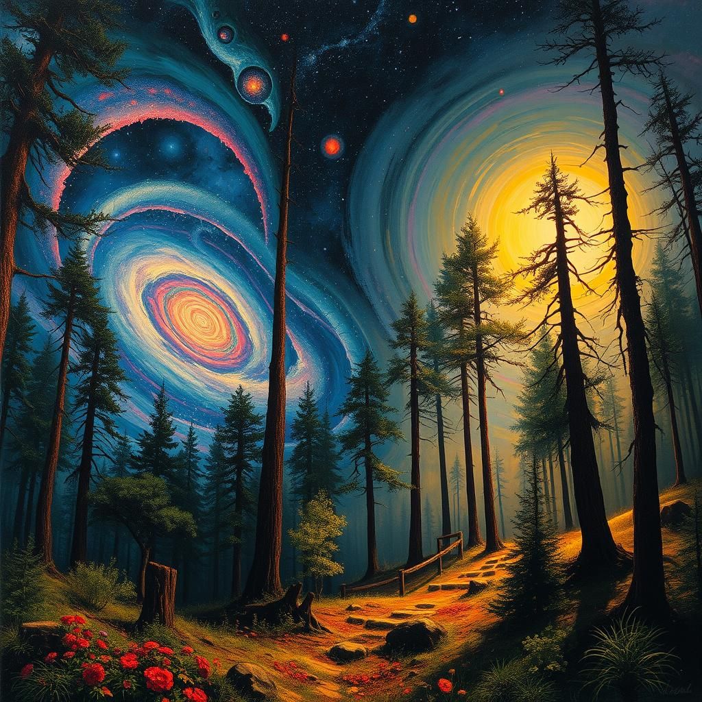 Surreal Forest: Deep Space Galaxy in Impasto Style