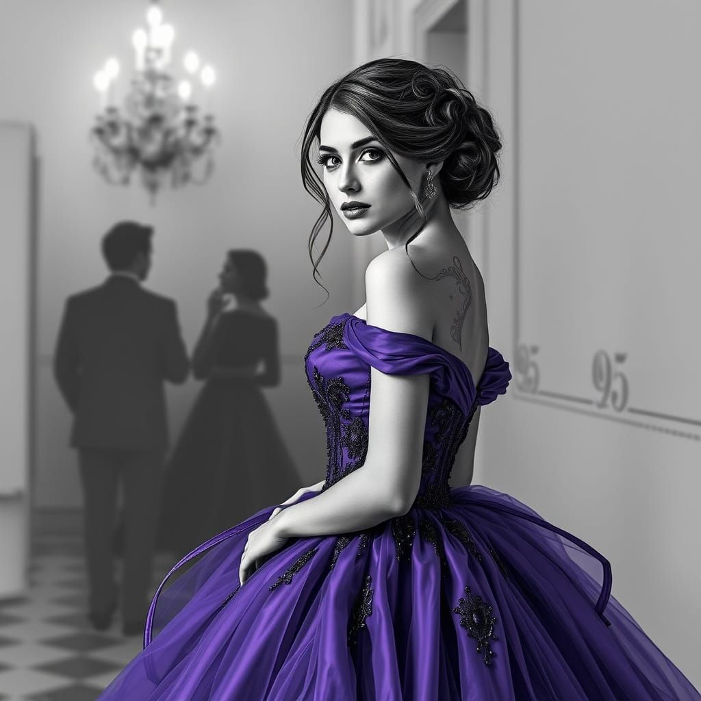 Woman in Purple Ball Gown in Moody, Cinematic Black and Whit...