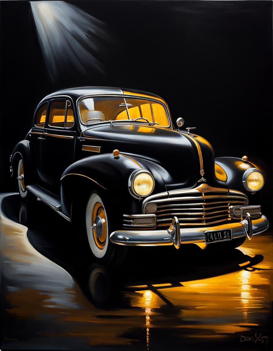 Black Car Painting with Golden Highlights in Grunge Style