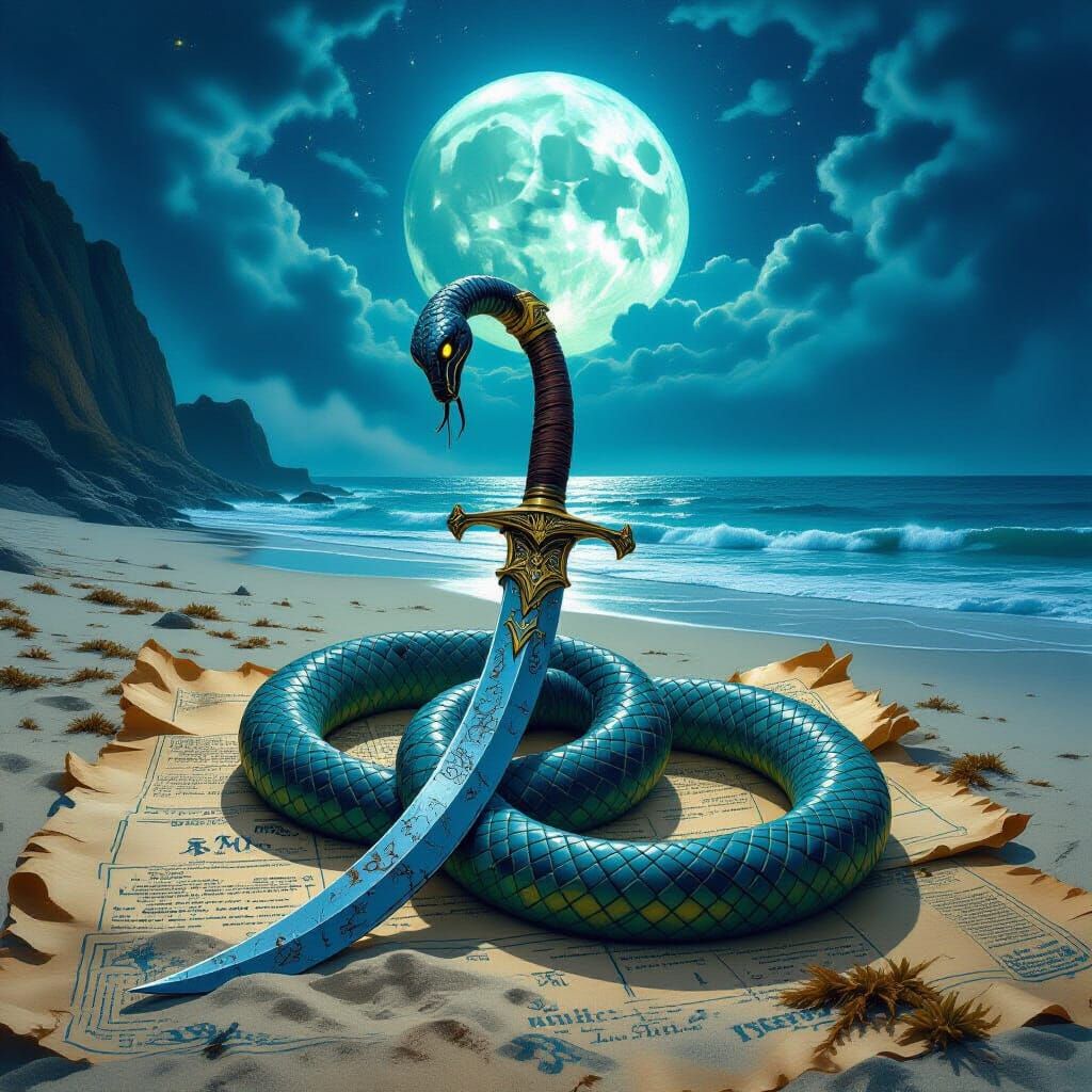 Spectral Serpent Coiled on Pirate Map in Gothic Style