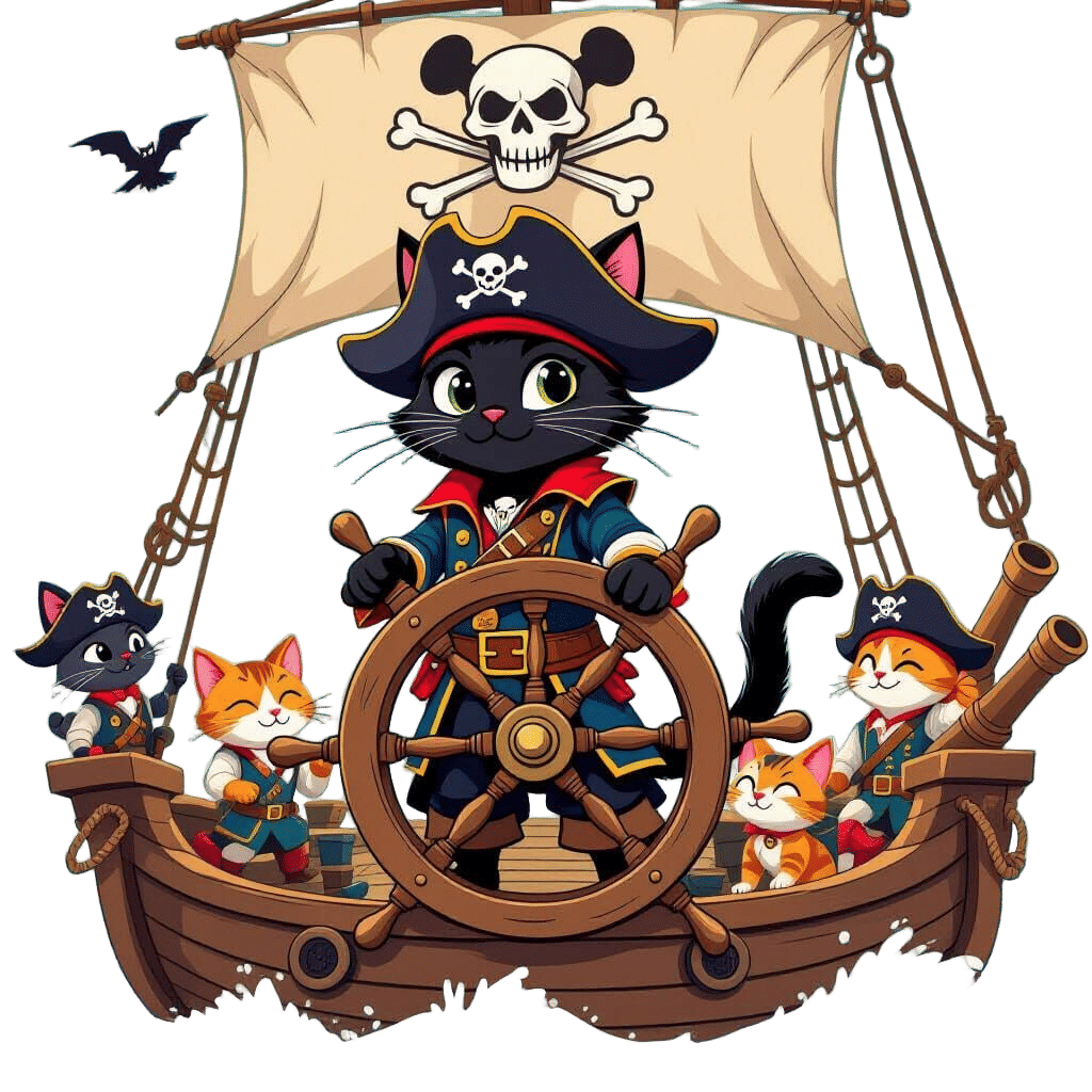 Cat Pirate Captain on the High Seas, Cartoon Style