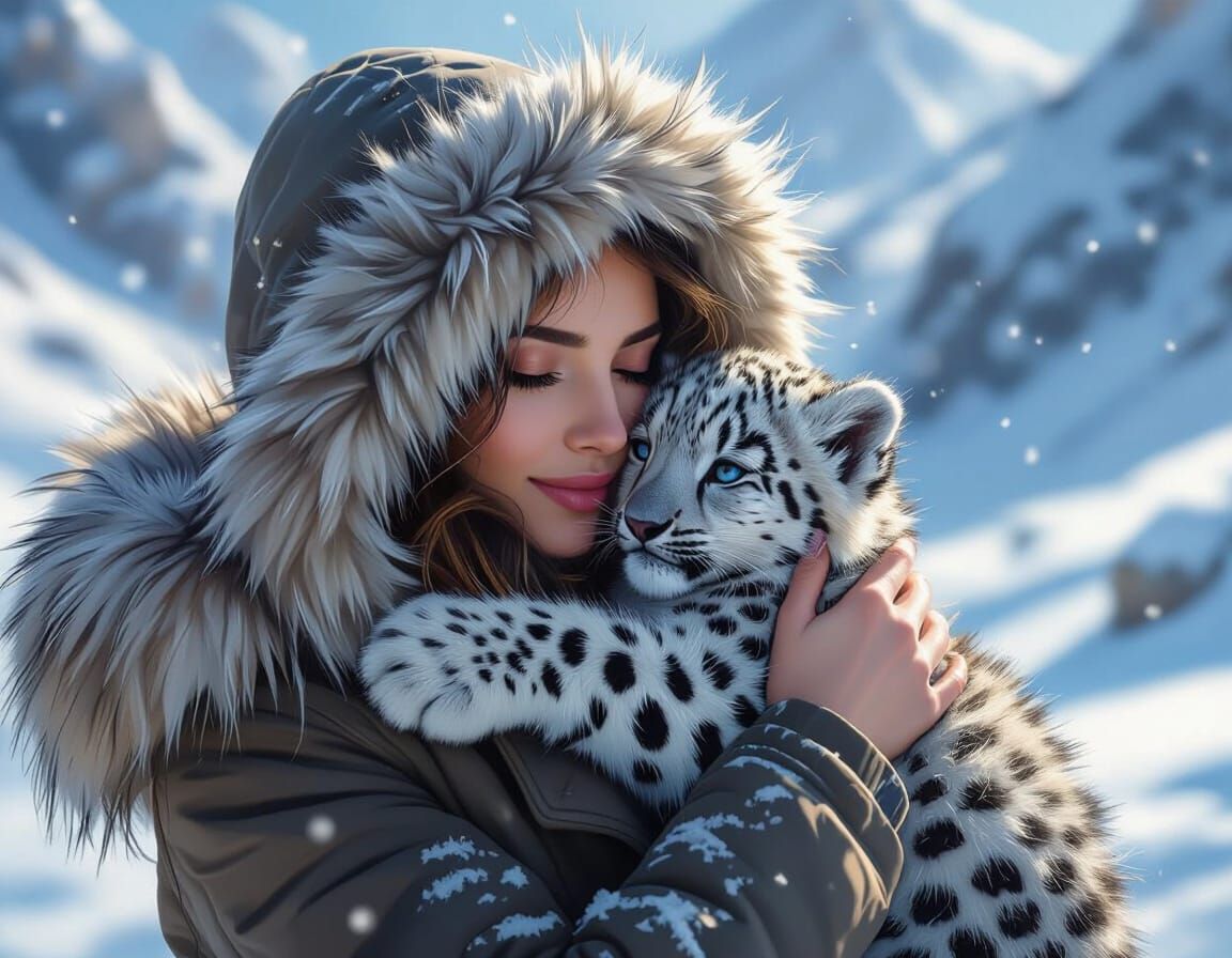 Woman Cradles Snow Leopard Cub in Hyperrealistic Art