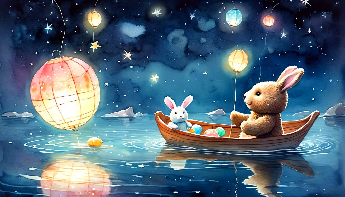 Teddy Bear and Bunny in Cosmic River Watercolor