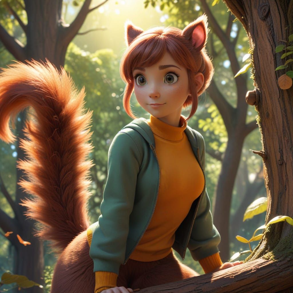 Anime Squirrel Girl Planning Mischief in Treehouse