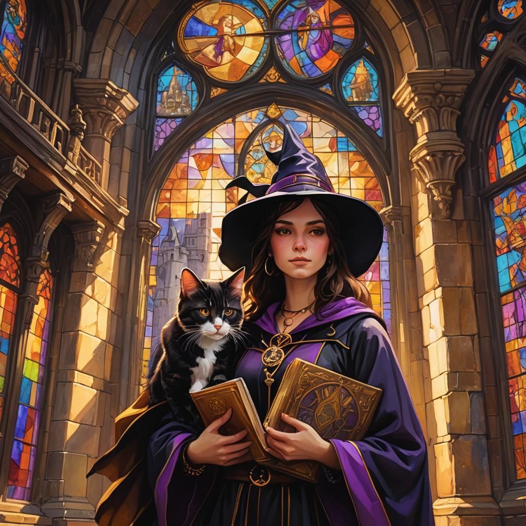 Young Witch in Castle: Fantasy Oil Painting