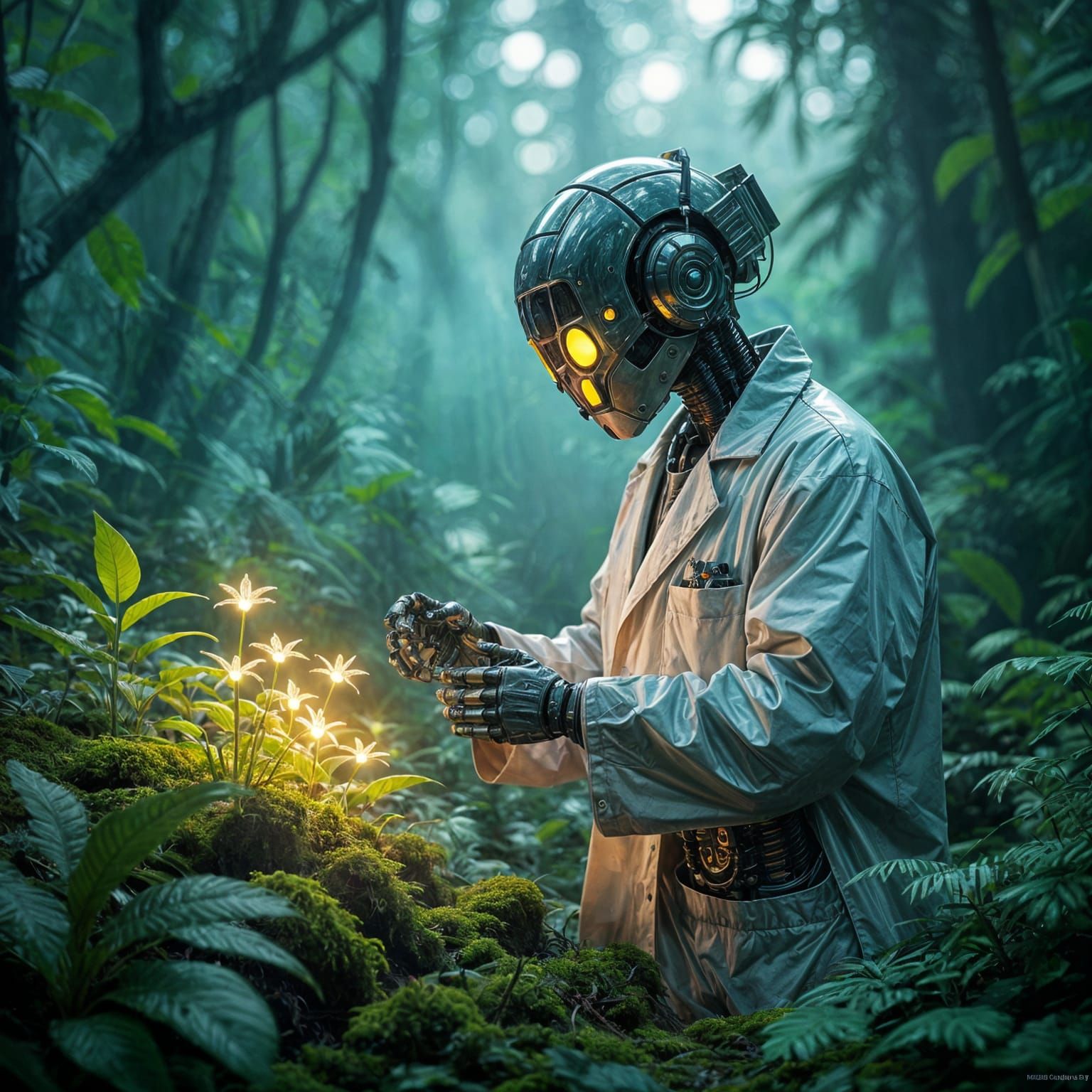 Robot Scientist Examining Glowing Alien Flora
