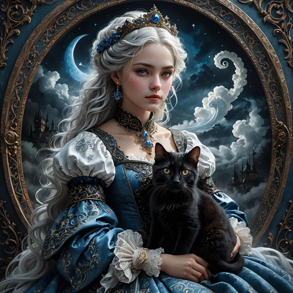 Lady with Black Cat in Fantasy Art Style
