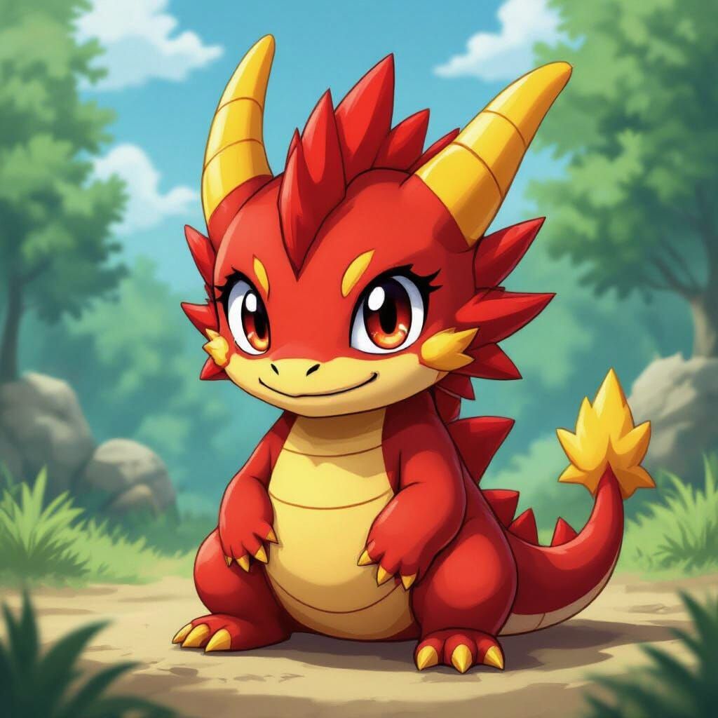 Cute Red Dragon Digimon with Yellow Horns in Anime Style
