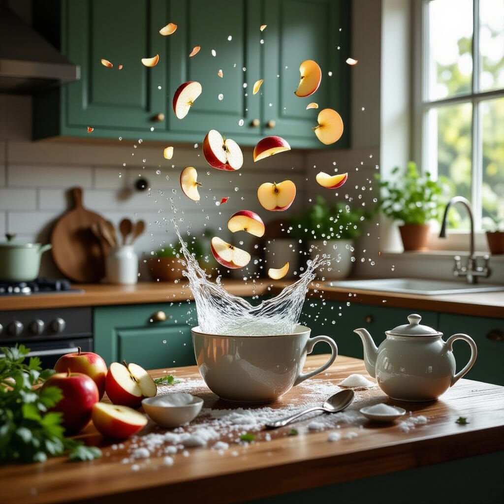 Hyperrealistic Kitchen Scene with Floating Apples