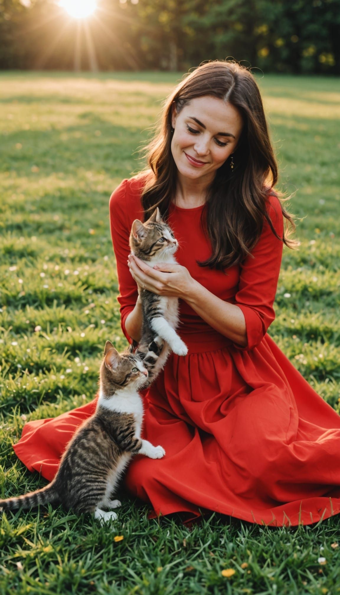Woman in Red Plays with Kitten on Sunny Lawn
