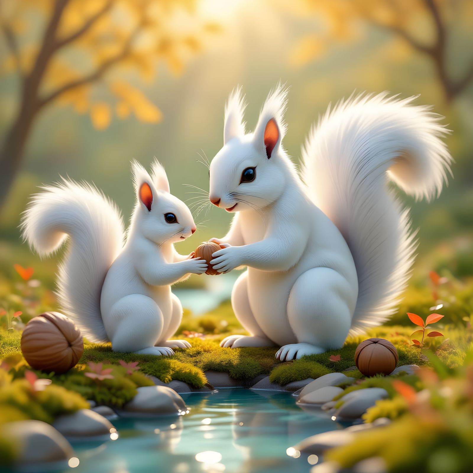 Robot Squirrel Pollinates Zen Garden in Autumn Sunlight