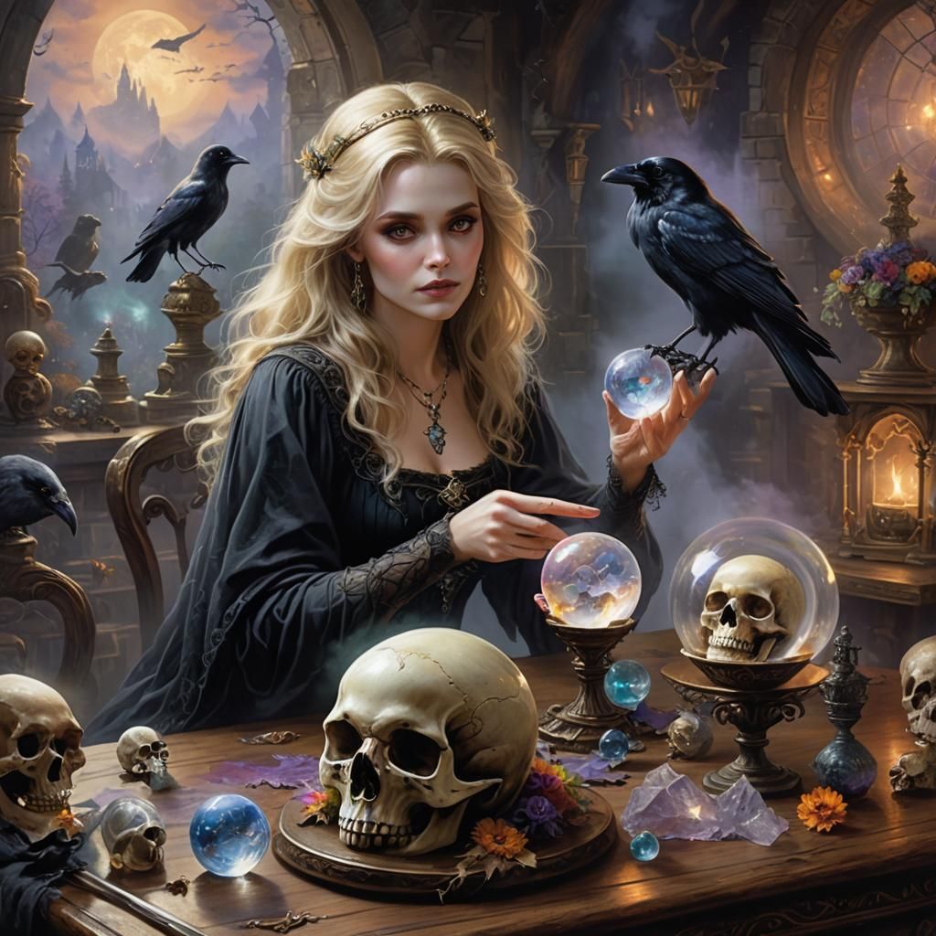 Ethereal Witch Gazing into Crystal Ball with Raven