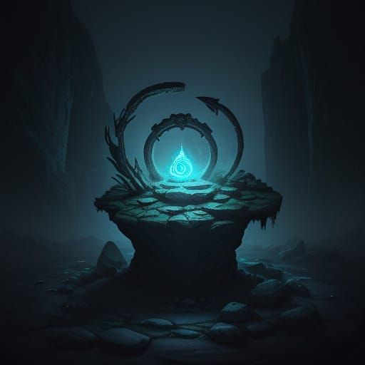 Mysterious Stone with Glowing Runes in Dark Cavern