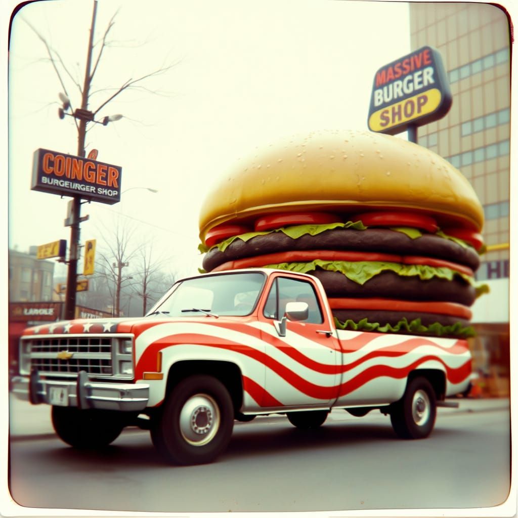 Chevy Truck and Burger Shop in 1970s Polaroid Style