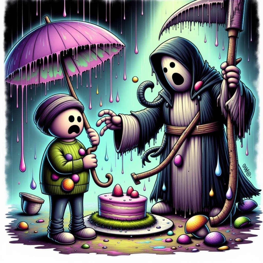 Grim Reaper Offers Cake or Death in Cartoon Style