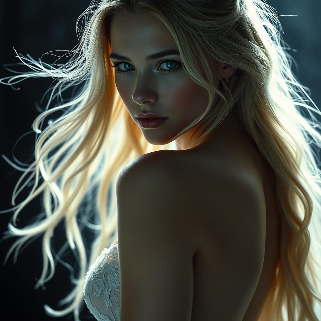 Surreal Goddess in Ethereal Lace Gown with Cinematic Lightin...