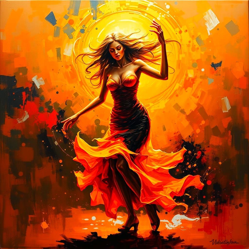Dazzling Amber Dance in Neo-Impressionist Oil Painting