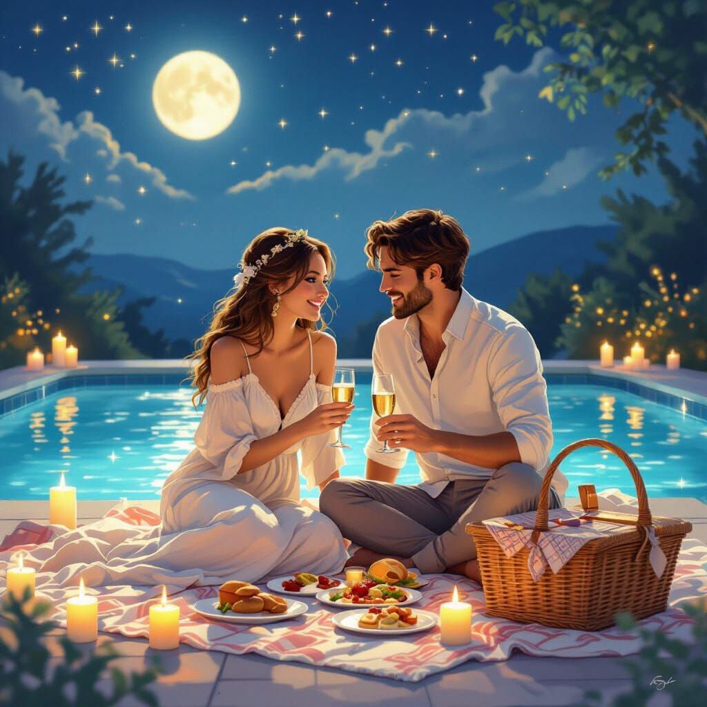 Romantic Candlelit Picnic by Sparkling Pool in Art Nouveau S...