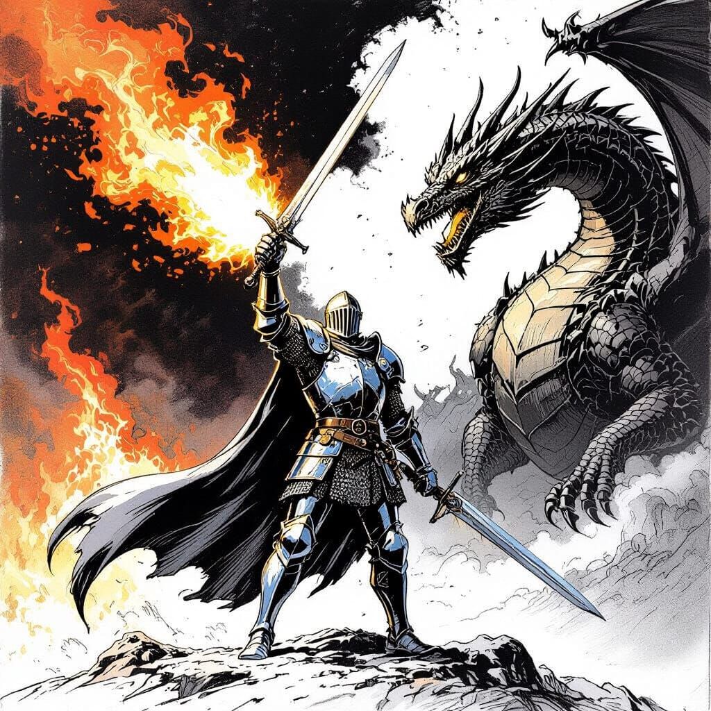 Dragon's Fire: A Knight's Stand in Line Drawing Style