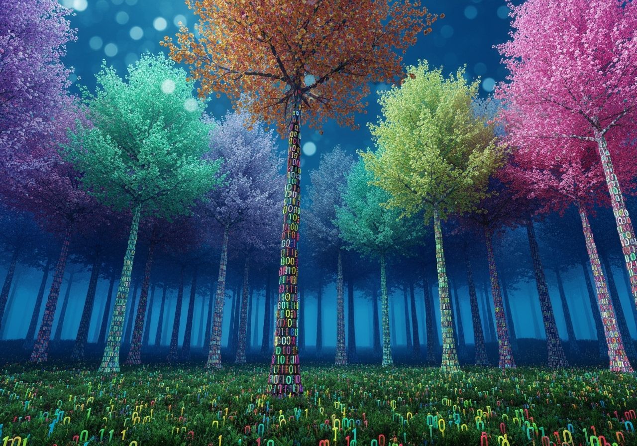 Digital Forest of Binary Code in Surreal Futuristic Realm
