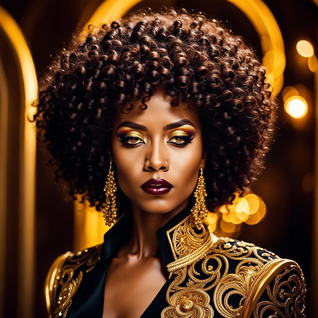 Majestic Woman with Afro: High-Fashion Close-Up