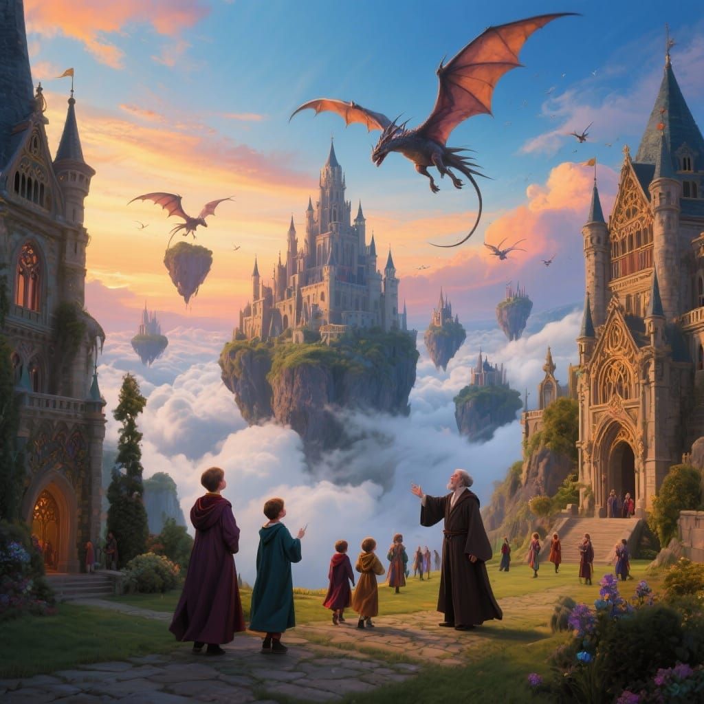 Fantasy Magic School Castles Floating in Clouds with Dragons
